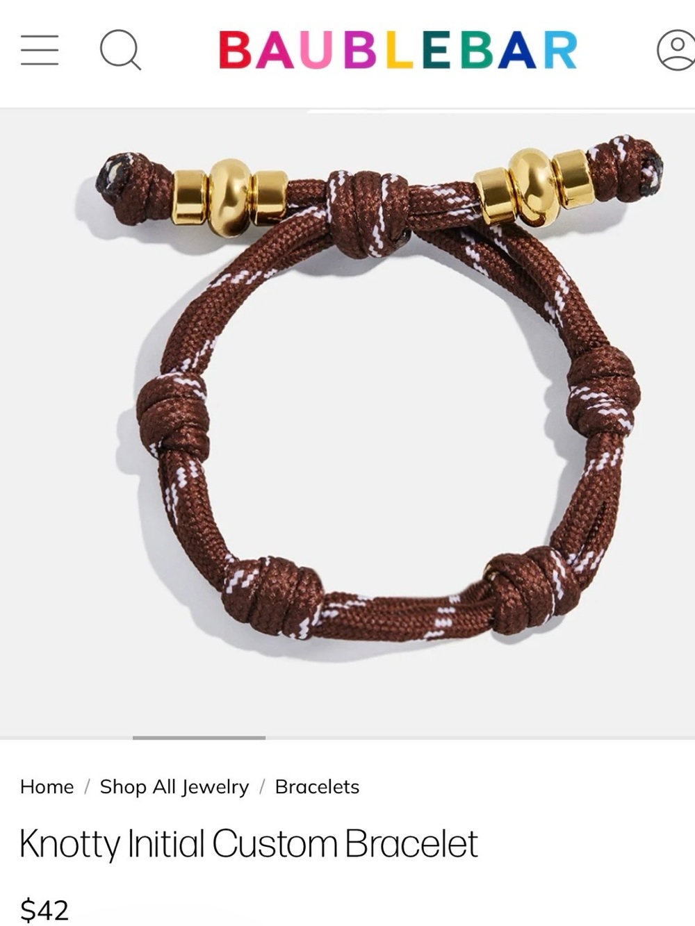 NWOT BaubleBar Brown Rope Knottie Initial “J” Custom Bracelet with Gold Accents